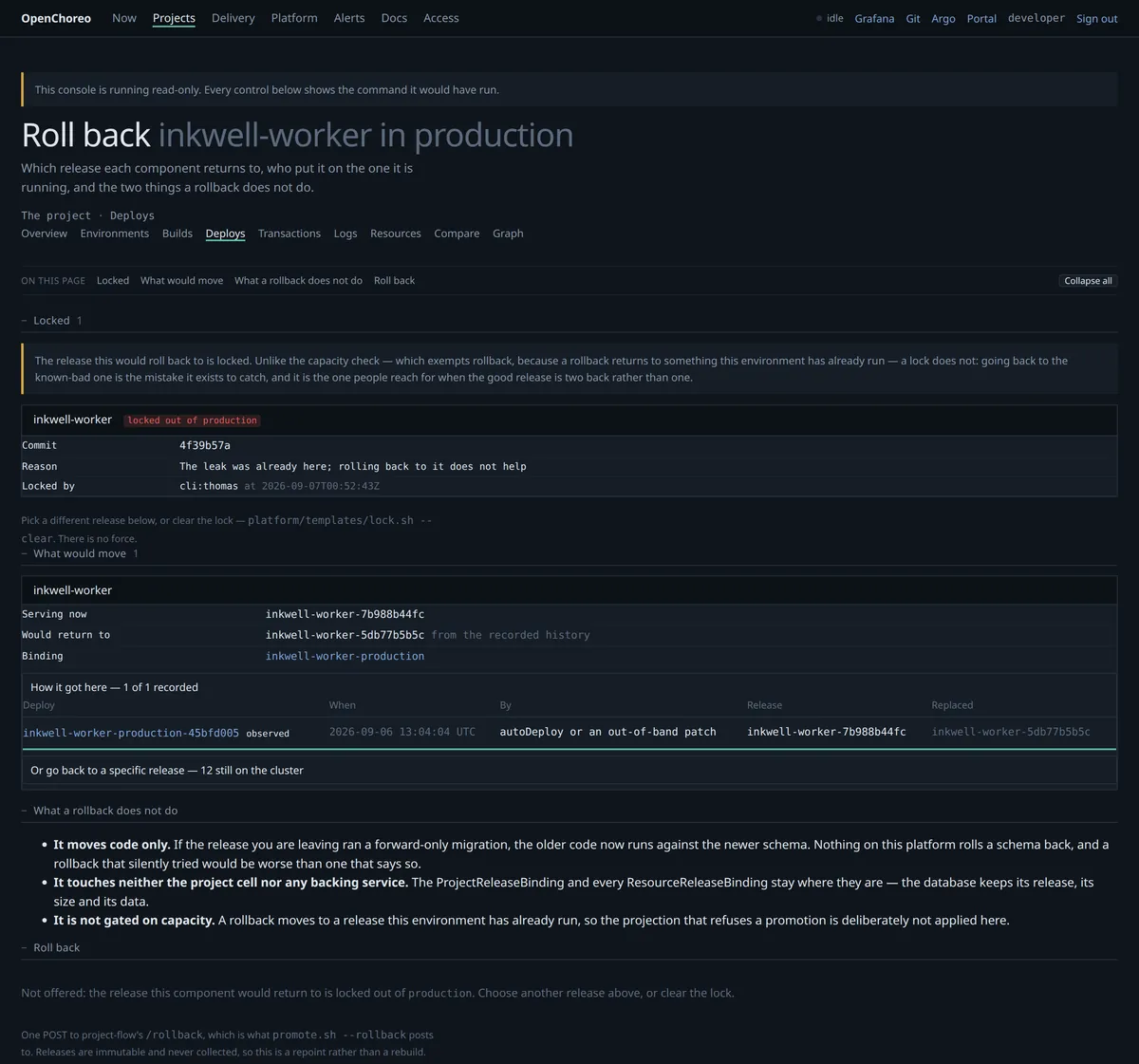 A rollback preview, and the same lock refusing it