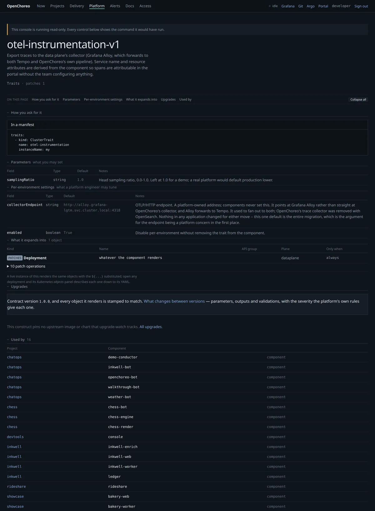 otel-instrumentation v1: parameters, per-environment settings, what it expands into, and sixteen components using it