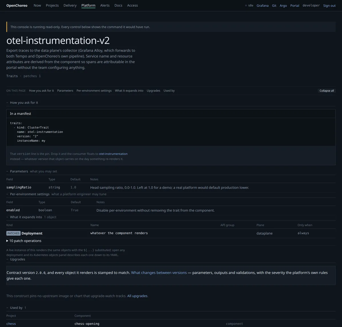 otel-instrumentation v2: the same trait with a  pin in the manifest, and one consumer