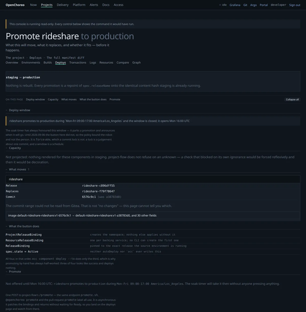 A promotion refused because production is outside its deploy window