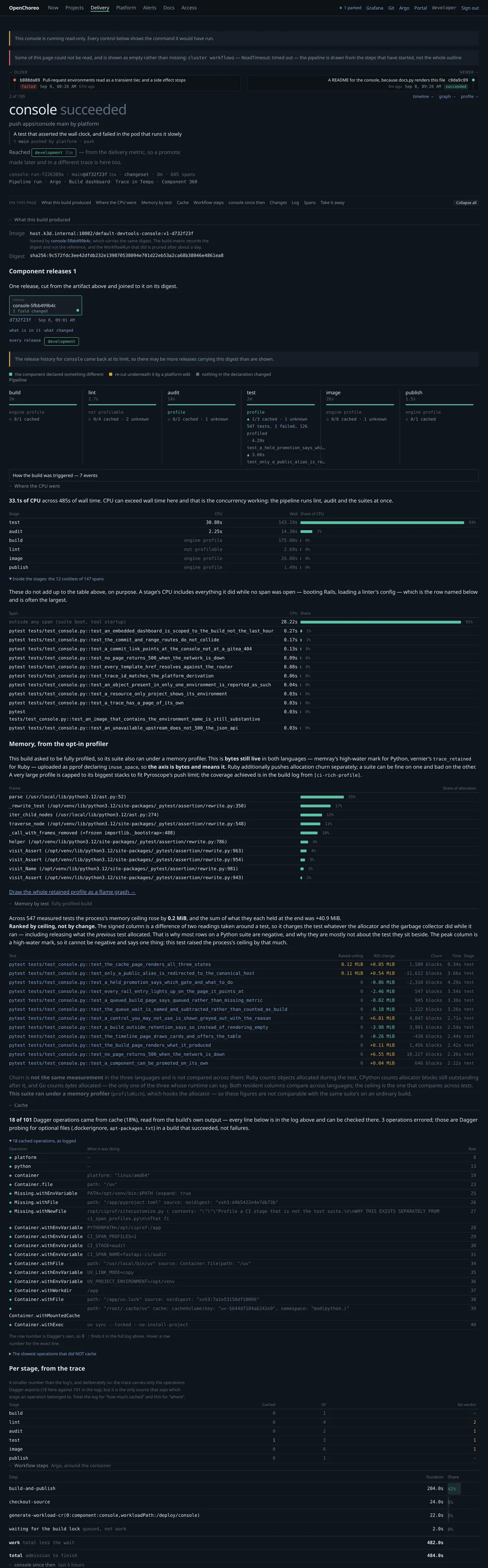 One build: the commit, the stages, and what it produced