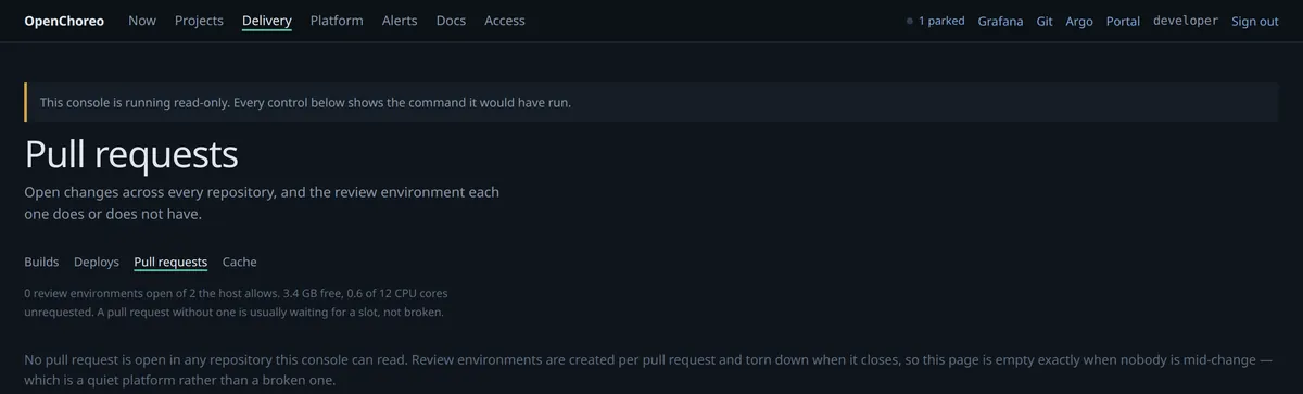 The pull requests page, with each environment or the reason there is none