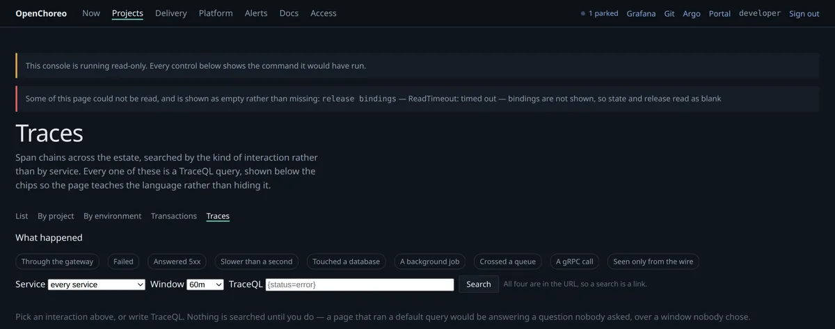 Trace search, with named interactions and a TraceQL box