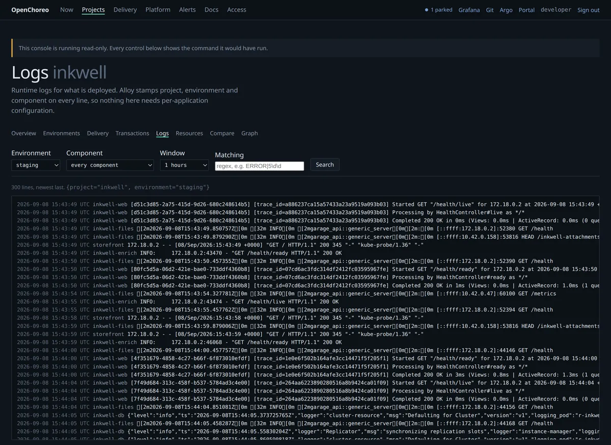 Project logs, narrowed by component, environment and level