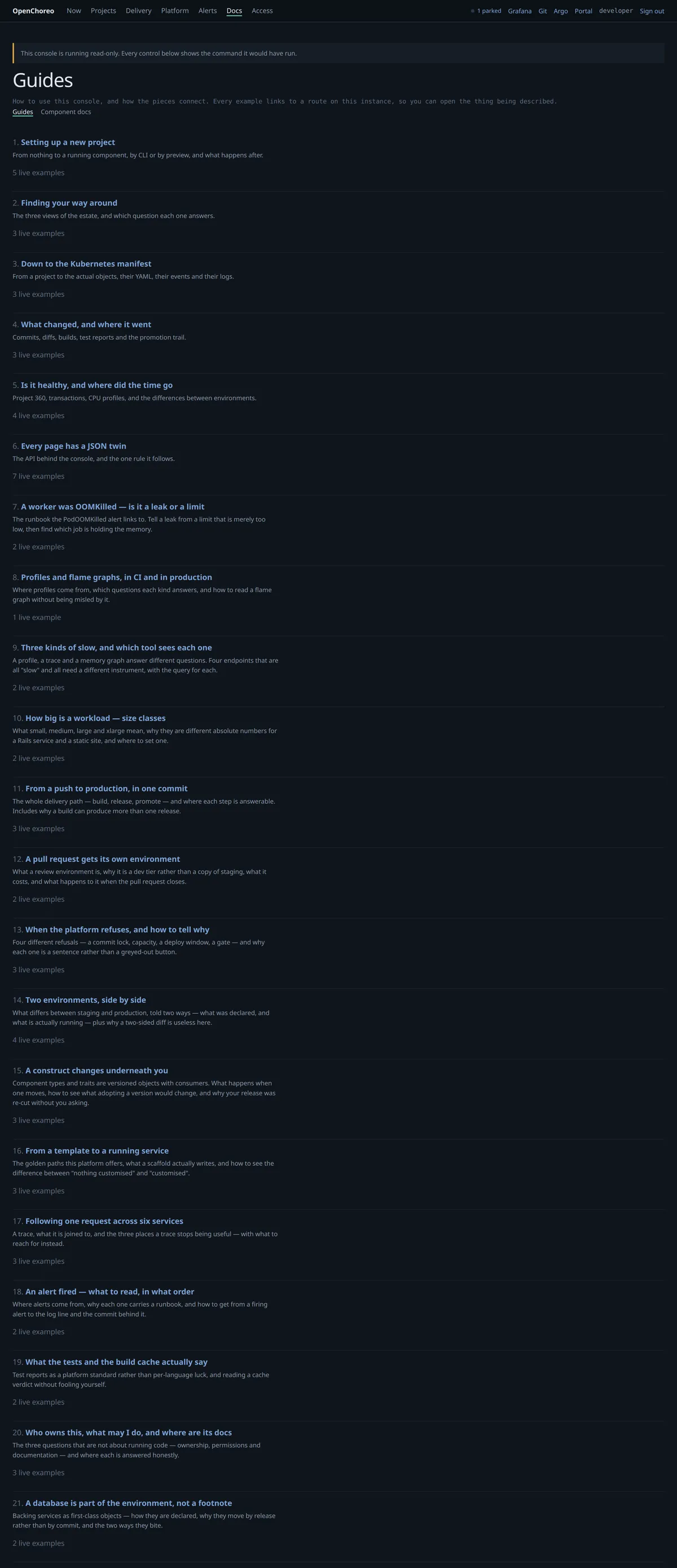 The guides index: twenty-one walkthroughs, each with the number of live examples it links to