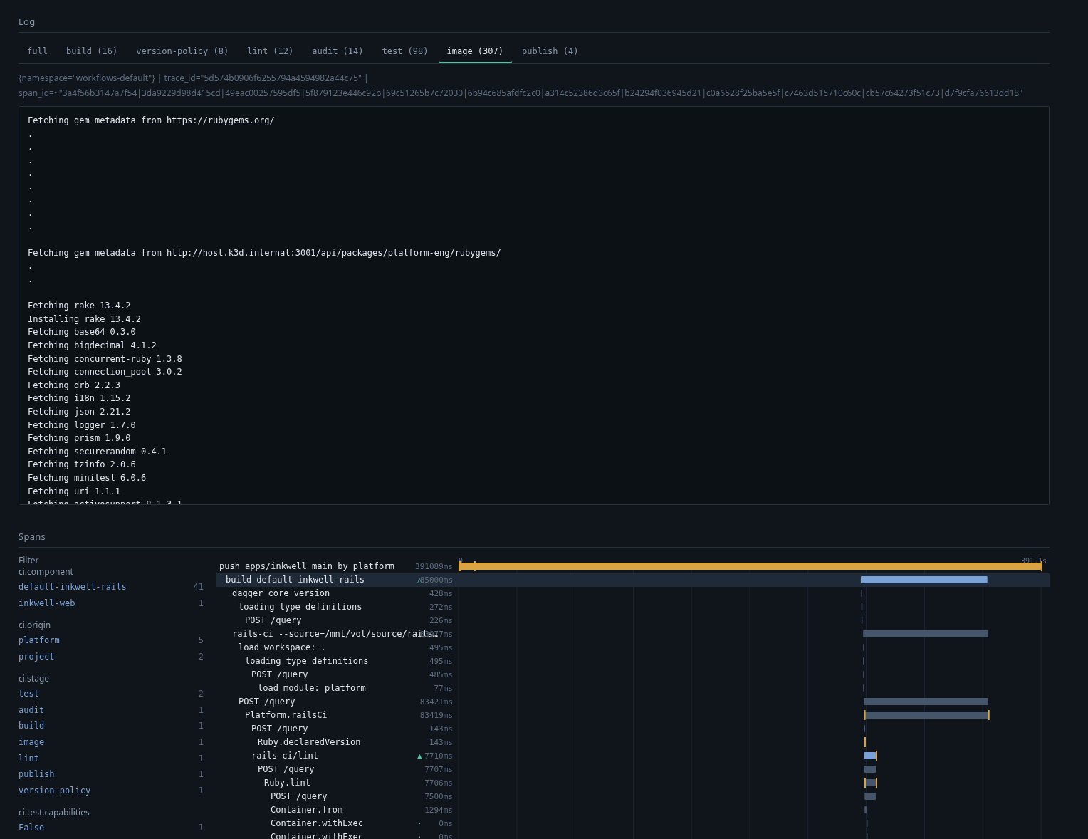 A build's log, tabbed by stage — build, version-policy, lint, audit, test, image, publish — with the span waterfall beneath it